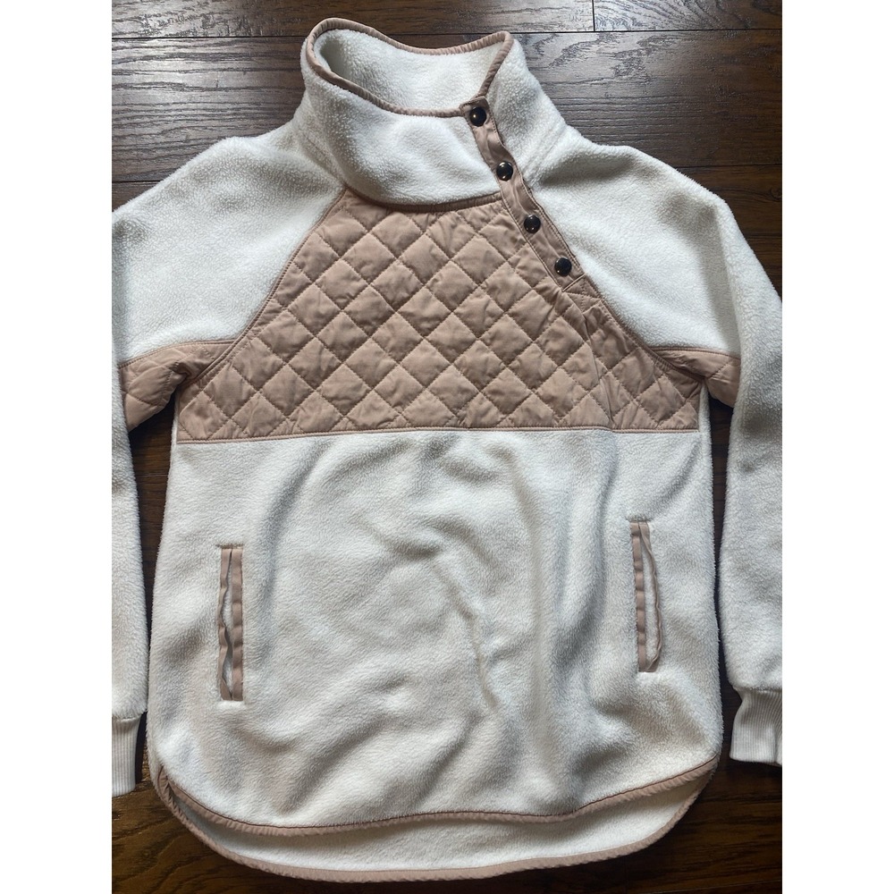 Abercrombie & Fitch Asymmetrical Snap‎ Quilted Fleece Pullover Cream Tan Small - Picture 9 of 10